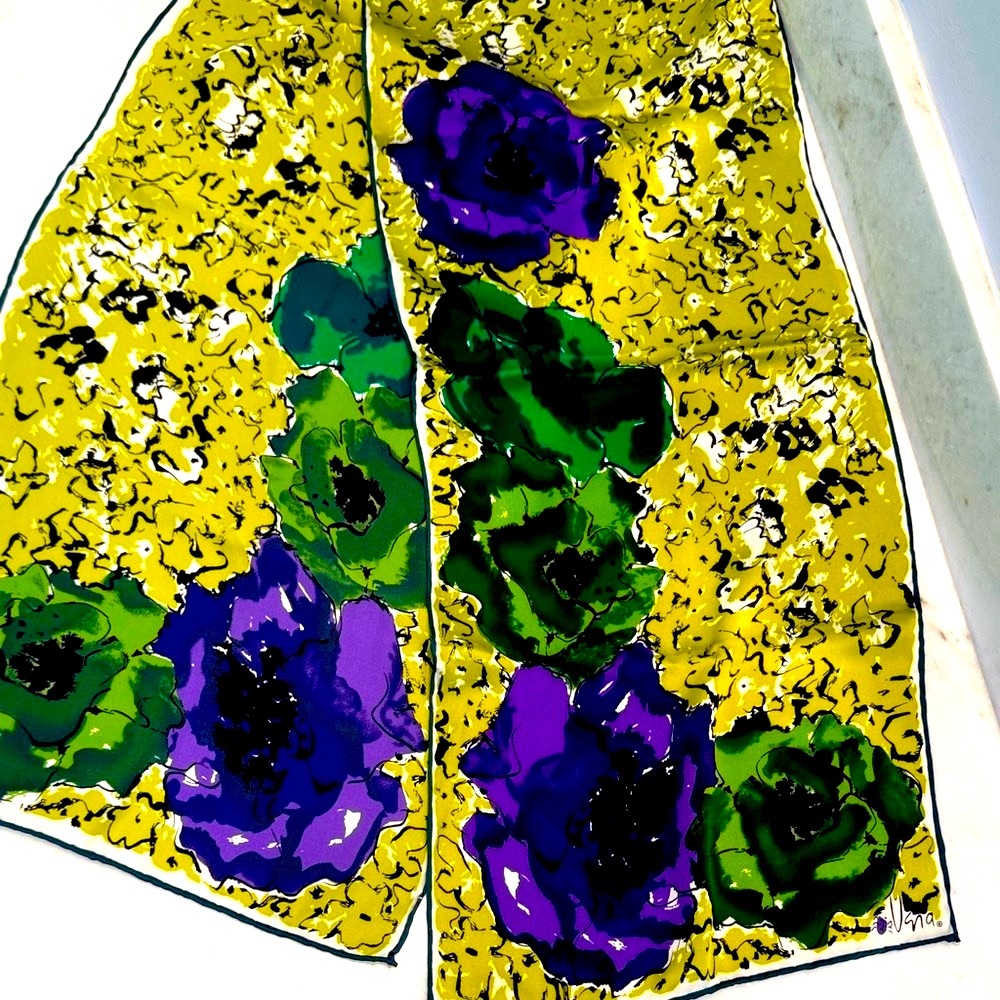 Green Floral Silk Scarf with Purple and Emerald Blooms
